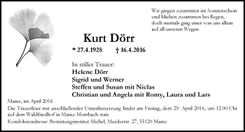 Traueranzeige von Kurt Dörr von  Allgemeine Zeitung Mainz