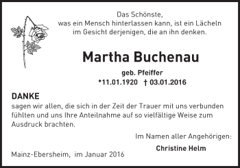 Traueranzeige von Martha Buchenau von  Allgemeine Zeitung Mainz