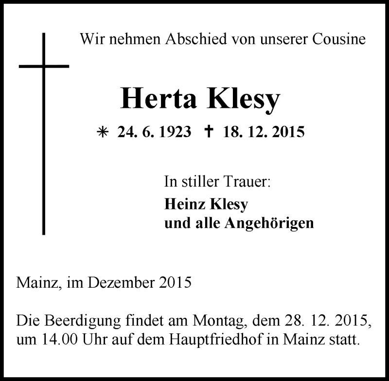  Traueranzeige für Herta Klesy vom 23.12.2015 aus  Allgemeine Zeitung Mainz