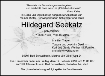 Traueranzeige von Hildegard Seekatz von  WK-UTA/Aar-Bote