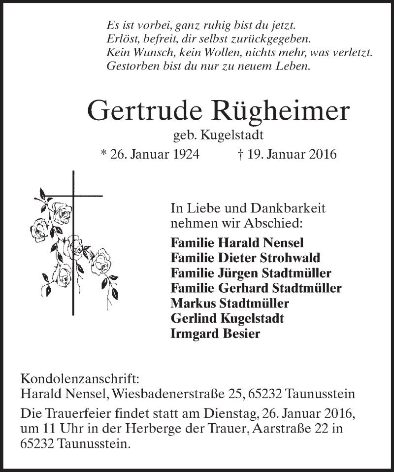  Traueranzeige für Gertrud Rügheimer vom 23.01.2016 aus  WK-UTA/Aar-Bote