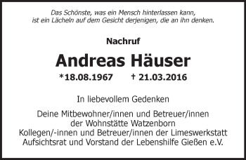 Traueranzeige von Andreas Häuser von  Gießener Anzeiger