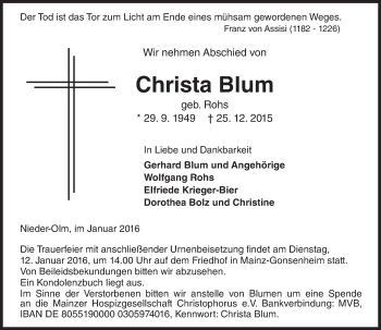 Traueranzeige von Christa Blum von  Allgemeine Zeitung Mainz