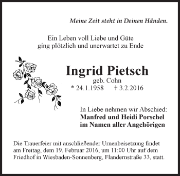 Traueranzeige von Ingrid Pietsch von  Wiesbaden komplett
