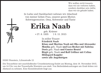 Traueranzeige von Erika Naab von  Landskrone