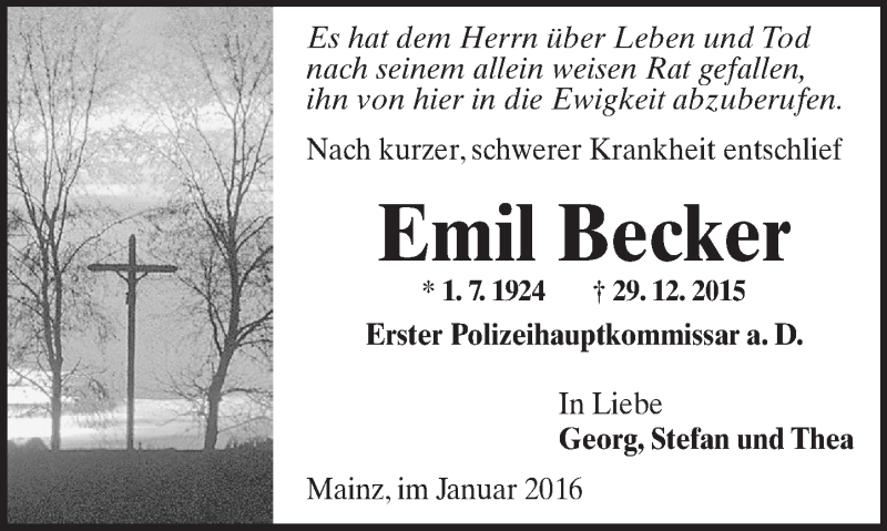  Traueranzeige für Emil Becker vom 09.01.2016 aus  Allgemeine Zeitung Mainz