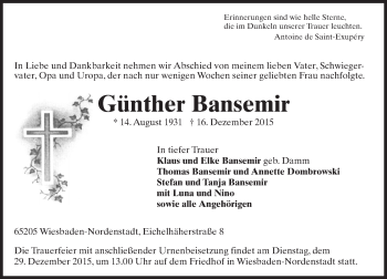 Traueranzeige von Günther Bansemir von  Wiesbaden komplett