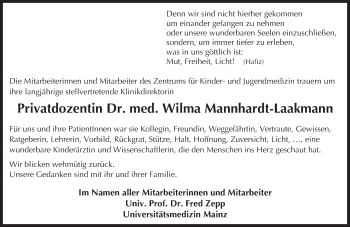 Traueranzeige von Wilma Mannhardt-Laakmann von  Allgemeine Zeitung Mainz