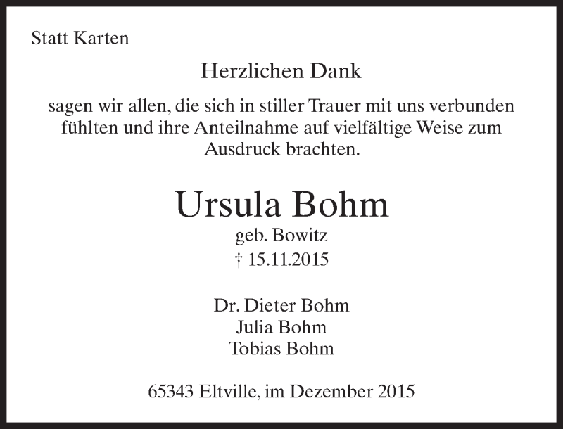  Traueranzeige für Ursula Bohm vom 09.12.2015 aus  Wiesbaden komplett