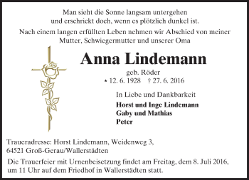 Traueranzeige von Anna Lindemann von Trauerportal Echo Online