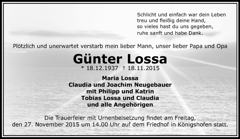  Traueranzeige für Günter Lossa vom 23.11.2015 aus  Wiesbaden komplett