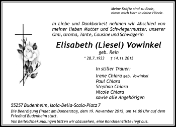 Traueranzeige von Elisabeth Vowinkel von  Allgemeine Zeitung Mainz