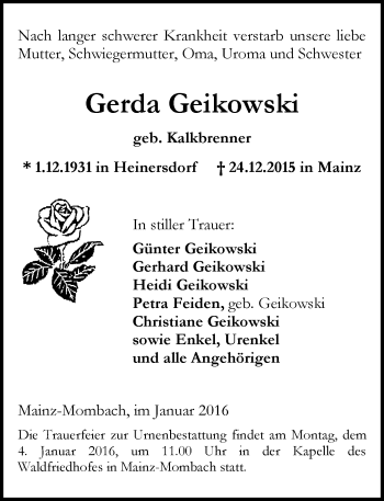 Traueranzeige von Gerda Geikowski von  Allgemeine Zeitung Mainz