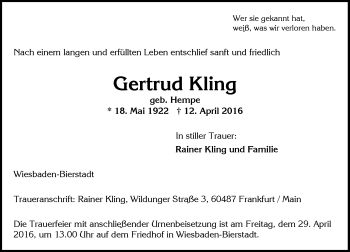 Traueranzeige von Gertrud Kling von  Wiesbaden komplett