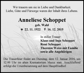 Traueranzeige von Anneliese Schoppet von  Allgemeine Zeitung Mainz