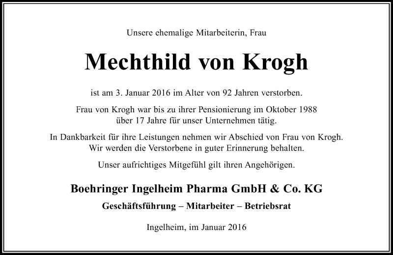  Traueranzeige für Mechthild von Krogh vom 13.01.2016 aus trauer.rmp.de