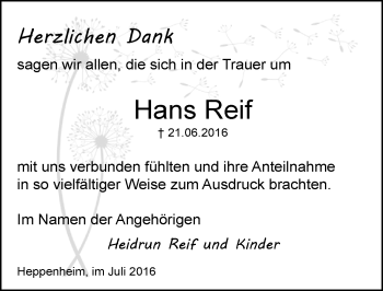 Traueranzeige von Hans Reif von Trauerportal Echo Online
