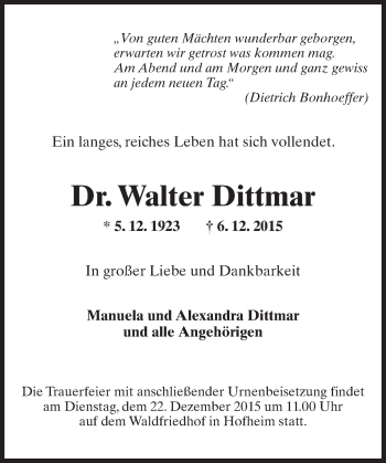 Traueranzeige von Walter Dittmar von  Hofheimer Zeitung