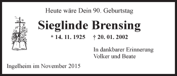 Traueranzeige von Sieglinde Brensing von  Allgemeine  Zeitung Ingelheim-Bingen