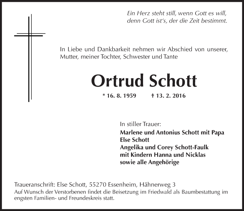  Traueranzeige für Ortrud Schott vom 18.02.2016 aus  Allgemeine Zeitung Mainz
