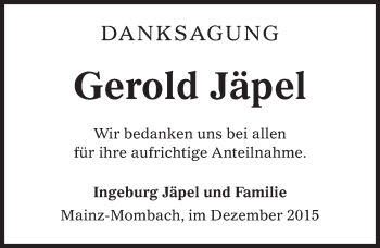 Traueranzeige von Gerold Jäpel von  Allgemeine Zeitung Mainz