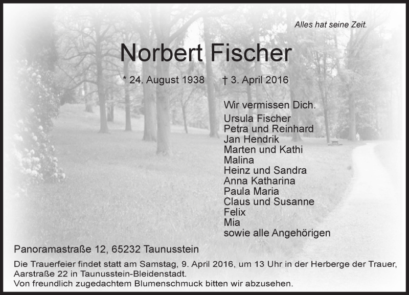  Traueranzeige für Norbert Fischer vom 05.04.2016 aus  Wiesbaden komplett