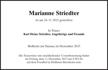 Traueranzeige von Marianne Striedter von  Hofheimer Zeitung