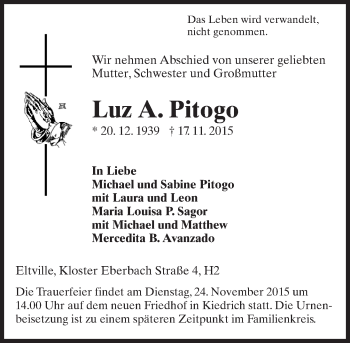 Traueranzeige von Luz A. Pitogo von  Wiesbaden komplett