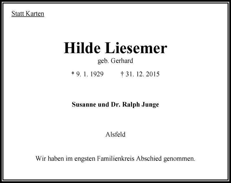 Traueranzeige für Hilde Liesemer vom 16.01.2016 aus VRM Trauer