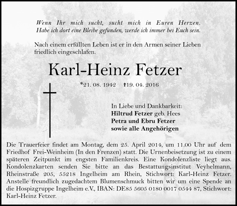  Traueranzeige für Karl-Heinz Fetzer vom 23.04.2016 aus  Allgemeine  Zeitung Ingelheim-Bingen