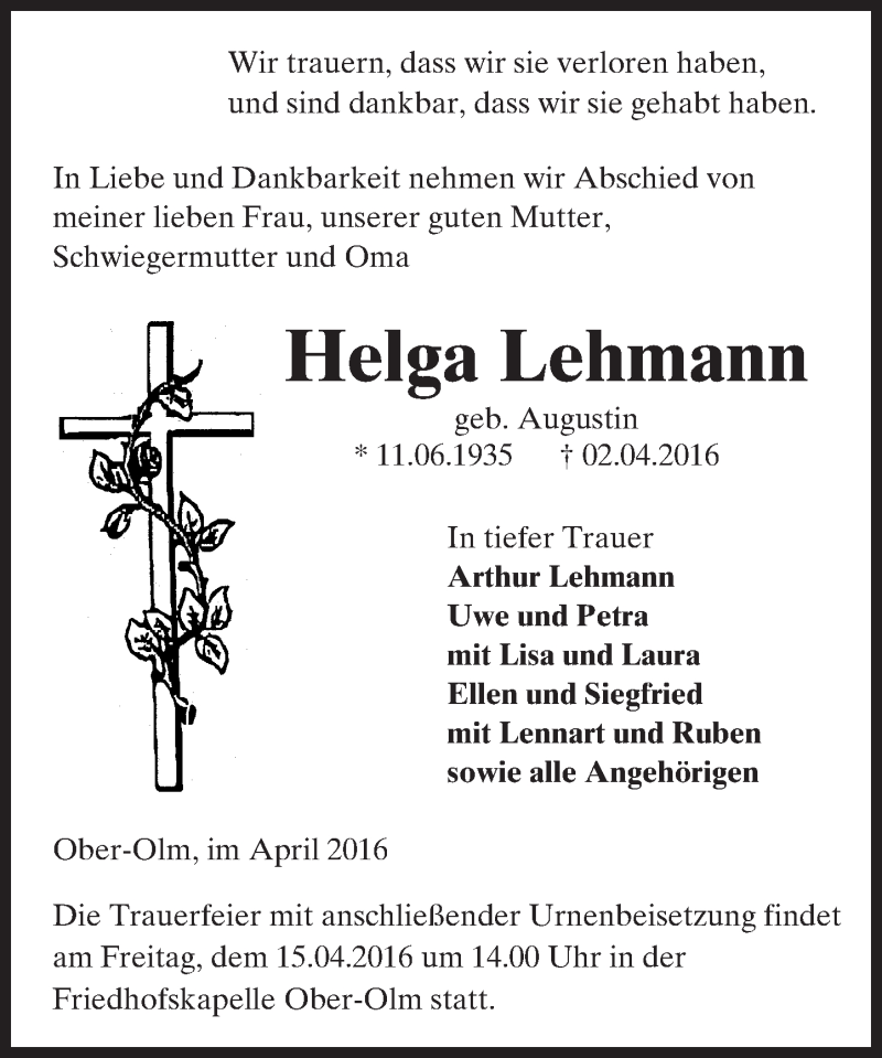  Traueranzeige für Helga Lehmann vom 09.04.2016 aus  Allgemeine Zeitung Mainz