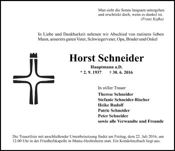Traueranzeige von Horst Schneider von Trauerportal Rhein Main Presse