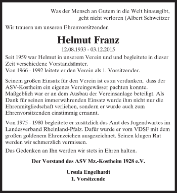 Traueranzeige von Helmut Franz von  Allgemeine Zeitung Mainz