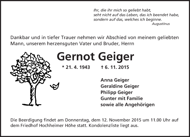  Traueranzeige für Gernot Geiger vom 10.11.2015 aus  Wormser Zeitung