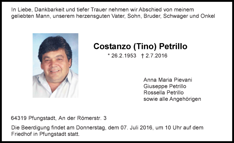  Traueranzeige für Costanzo Petrillo vom 06.07.2016 aus Trauerportal Echo Online