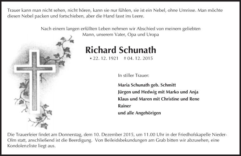  Traueranzeige für Richard Schunath vom 08.12.2015 aus  Allgemeine Zeitung Mainz
