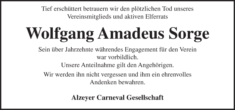  Traueranzeige für Wolfgang Amadeus Sorge vom 20.04.2016 aus  Allgemeine Zeitung Alzey