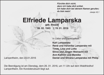 Traueranzeige von Elfriede Lamparska von  Bürstädter Zeitung