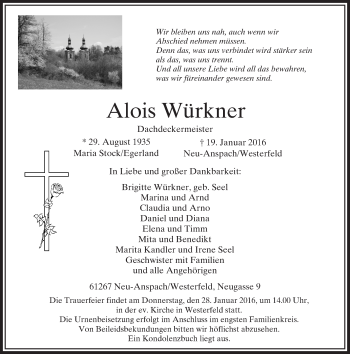 Traueranzeige von Alois Würkner von  Usinger Anzeiger