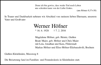 Traueranzeige von Werner Höfner von  Gießener Anzeiger