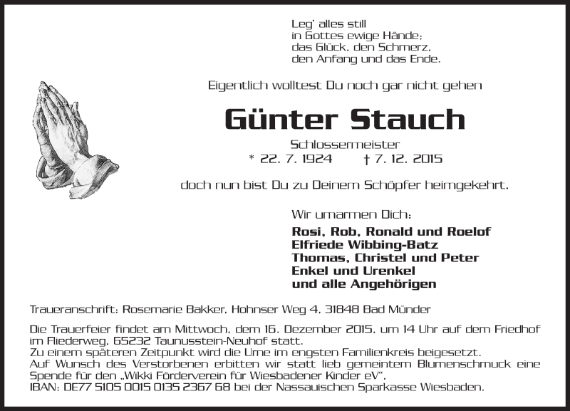  Traueranzeige für Günter Stauch vom 12.12.2015 aus  Wiesbaden komplett