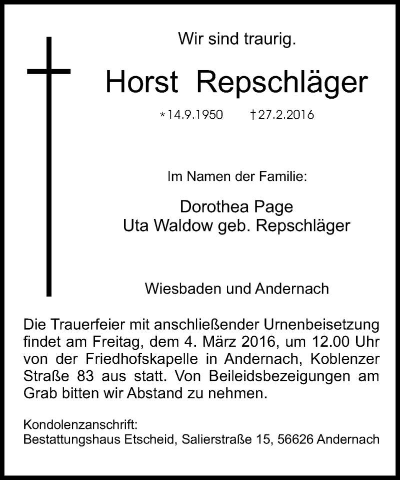  Traueranzeige für Horst Repschläger vom 01.03.2016 aus  Wiesbaden komplett