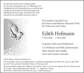 Traueranzeige von Edith Hofmann von Trauerportal Rhein Main Presse