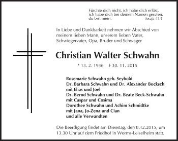Traueranzeige von Christian Walter Schwahn von  Wormser Zeitung