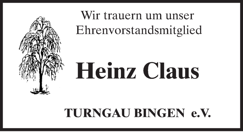  Traueranzeige für Heinz Claus vom 28.01.2016 aus trauer.rmp.de