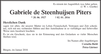 Traueranzeige von Gabriele de Steenhuijsen Piters von  Allgemeine  Zeitung Ingelheim-Bingen