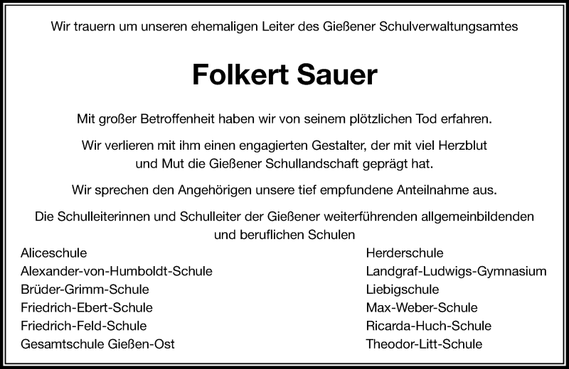  Traueranzeige für Folkert Sauer vom 08.12.2015 aus  Gießener Anzeiger