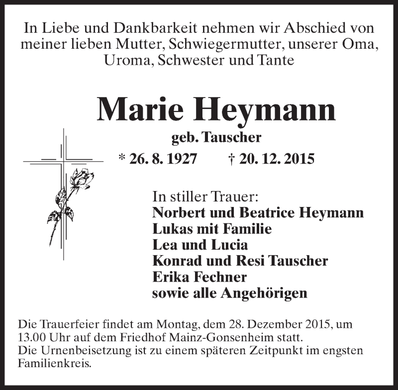  Traueranzeige für Marie Heymann vom 24.12.2015 aus  Allgemeine Zeitung Mainz