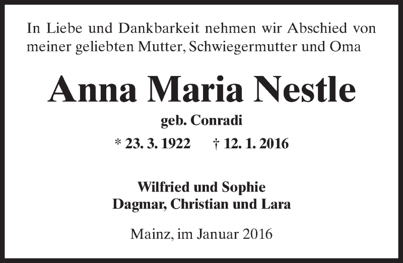  Traueranzeige für Anna Maria Nestle vom 20.01.2016 aus  Allgemeine Zeitung Mainz