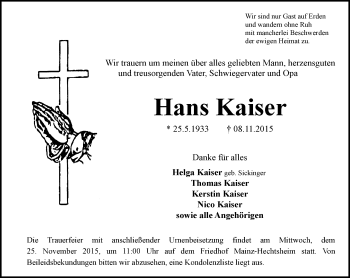 Traueranzeige von Hans Kaiser von  Allgemeine Zeitung Mainz